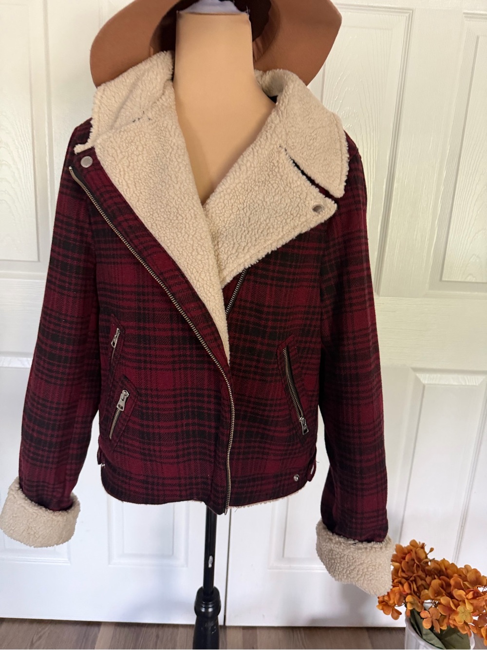 American Eagle Outfitters Burgundy Plaid Sherpa Moto Jacket